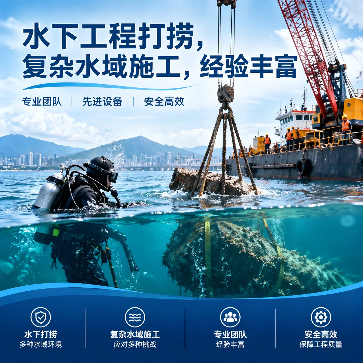 水下工程打捞，复杂水域施工，经验丰富鸡东